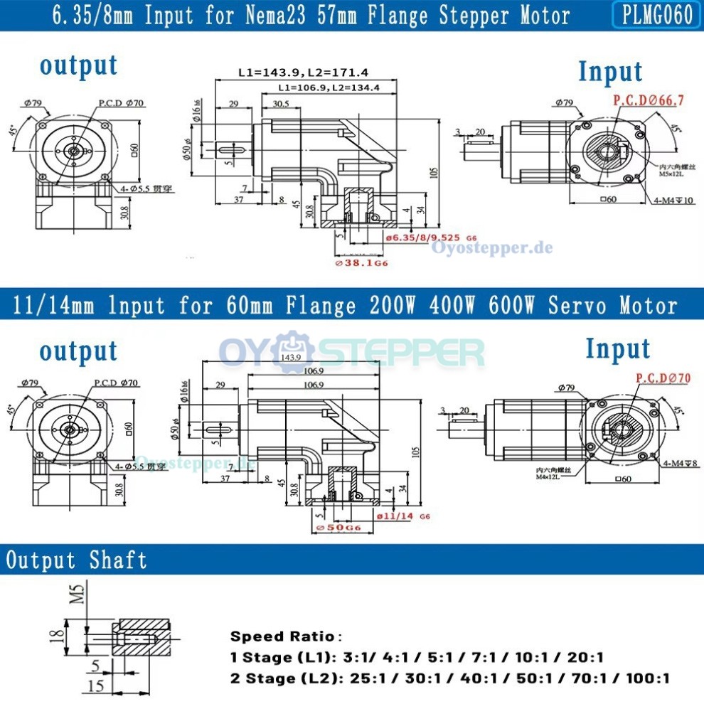 PLMG060 Winkel-Planetengetriebe f&uuml;r Nema 23 Schrittmotor / 60mm Servomotor